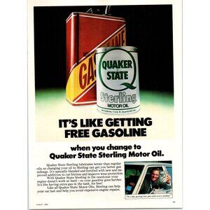 1980 Quaker State Sterling Motor Oil Vintage Print Ad Gas Can 80s Wall Art